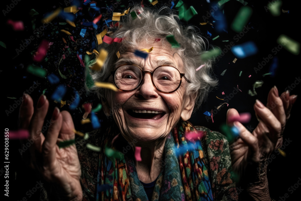 Excited, Funny, and Happy Grandma Celebrating Birthday with Party Hat and Glasses - Generative AI Excited, Funny, and Happy Grandma Celebrating Birthday with Party Hat and Glasses - Generative AI