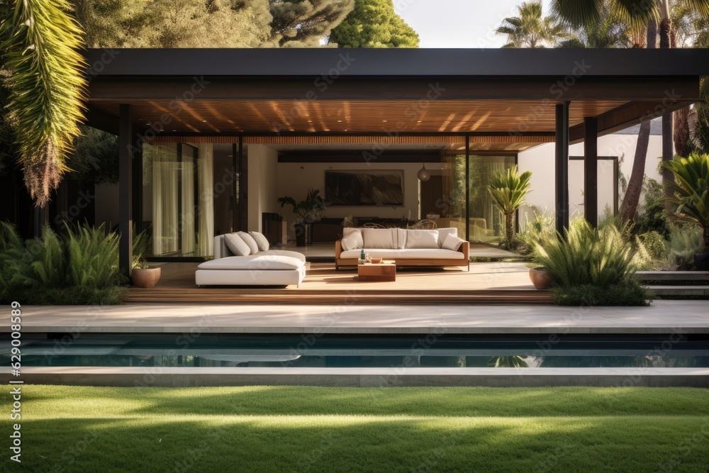 The outdoor area of a contemporary home, complete with a pool, synthetic turf, plants, seating options, and a sunshade.