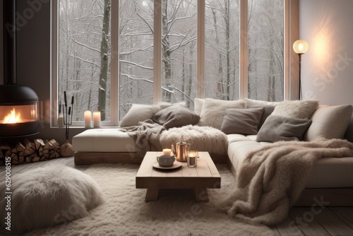 Murais de parede The Nordic living room features rustic elements such as a sheepskin rug placed on a bench next to the sofa, accompanied by fur cushions