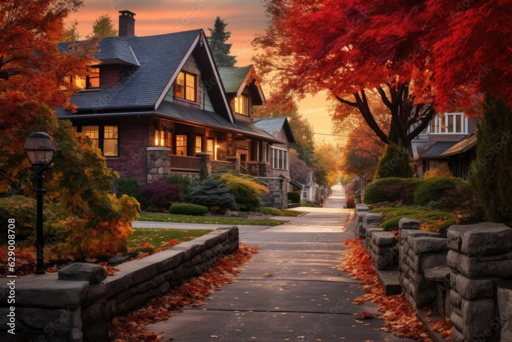 The neighborhood is wonderful, with houses located in a suburban area during the autumn season in North America.