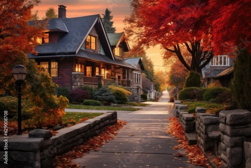 The neighborhood is wonderful, with houses located in a suburban area during the autumn season in North America.
