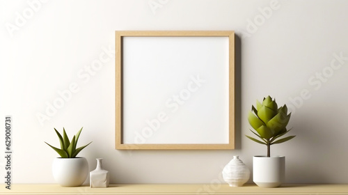 Empty photo picture frame mockup on modern  Interior background. Copy space. Generative AI