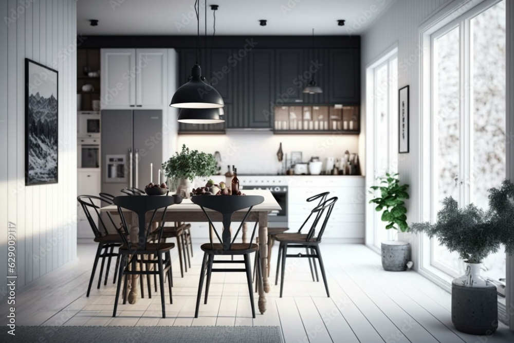 Modern Nordic kitchen with dining area and minimalistic details. Generative AI