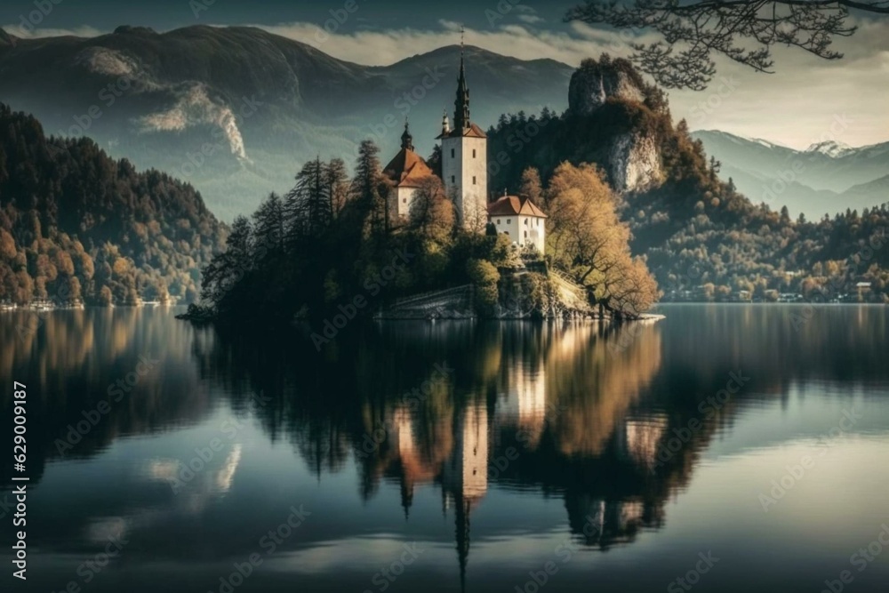 Scenic view of Bled Lake with a majestic castle. Generative AI