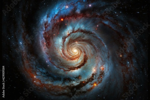 Spiral galaxy w/ blue center, stars, black background, white center, & red center. Generative AI