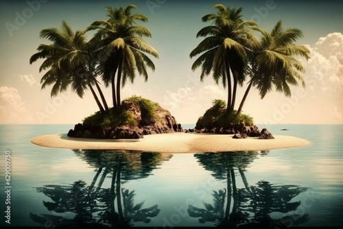 Pair of coconut trees on a small isle in the middle of the ocean. Generative AI