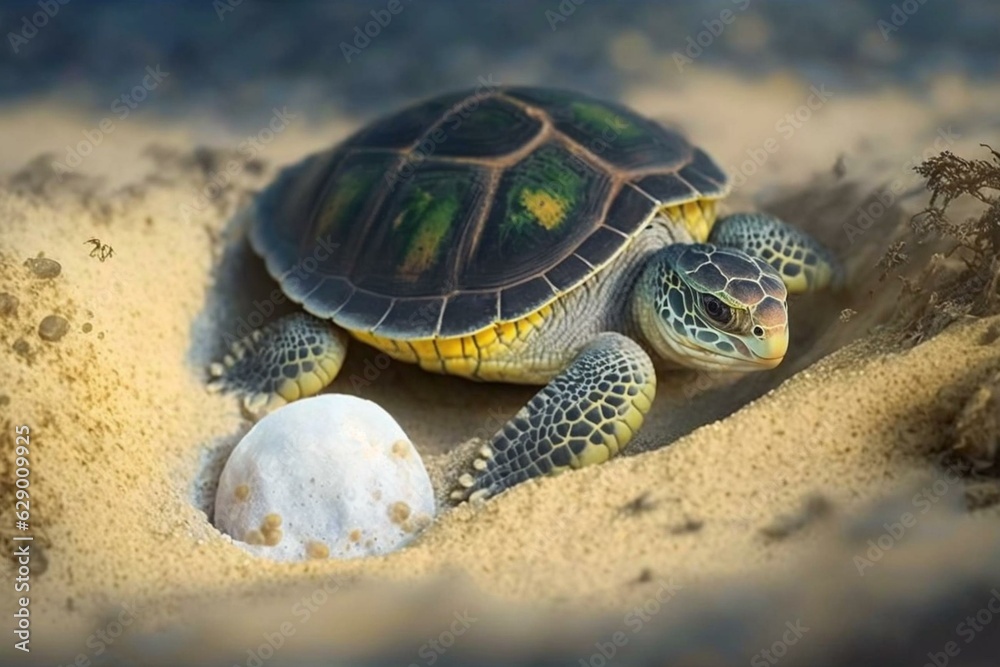 A sea turtle depositing eggs on shore. Generative AI