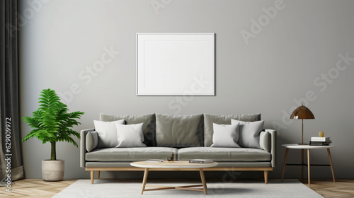 Interior modern classic light room with empty frame mockup. Copy space. Generative AI