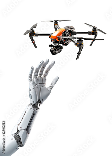 Raised robotic hand trying to reach modern drone in the air. Isolated white transparent background