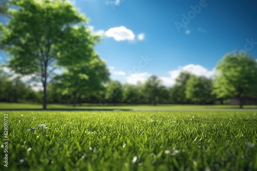 Low angle view of vibrant green grass field in the park on a beautiful sunny day