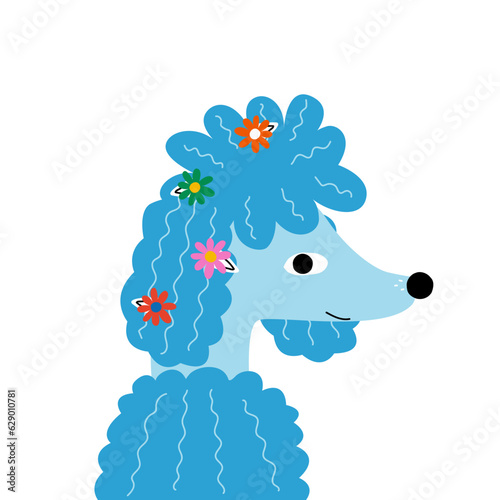 Cute blue poodle with wavy coat. Childish print. Vector hand drawn illustration.