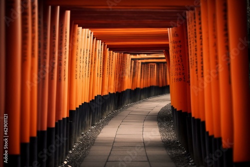 Path lined with thousands of torii gates in Fushimi Inari-Taisha shrine, Kyoto, Japan. Generative AI