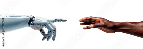 Human hand trying to reach robotic android hand. Artificial Intelligence conquer concept