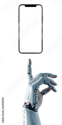 Robotic hand trying to touch smart phone with scree with copy space. Isolated transparent background