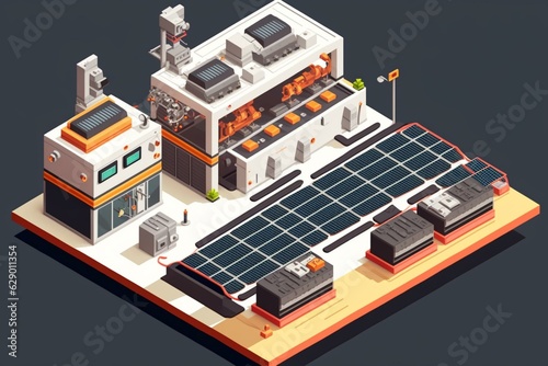 Isometric view of a smart factory with robotic arms on a solar cell production line. Generative AI