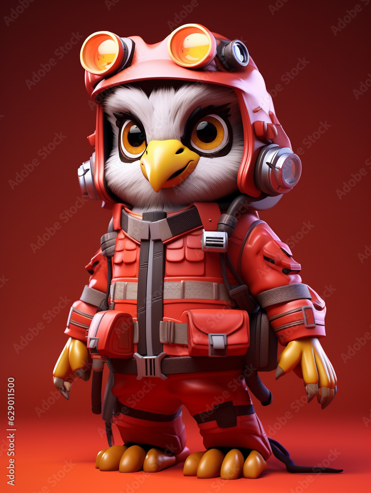 A Cute 3D Falcon Dressed Up as a Firefighter on a Solid Color Background A Cute 3D Falcon Dressed Up as a Firefighter on a Solid Color Background