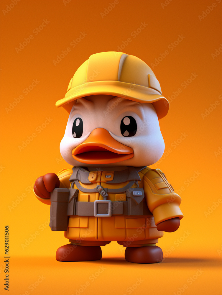 A Cute 3D Duck Dressed Up as a Firefighter on a Solid Color Background A Cute 3D Duck Dressed Up as a Firefighter on a Solid Color Background
