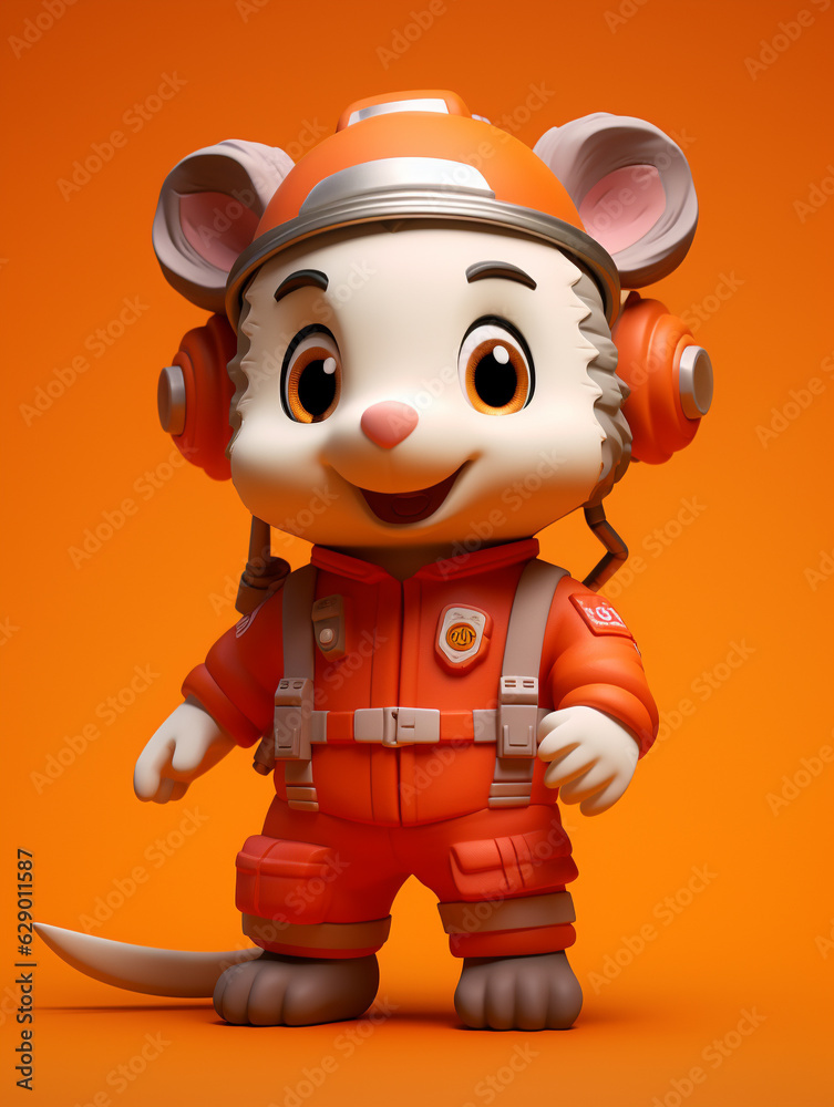 Fototapeta premium A Cute 3D Opossum Dressed Up as a Firefighter on a Solid Color Background