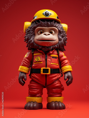 A Cute 3D Gorilla Dressed Up as a Firefighter on a Solid Color Background