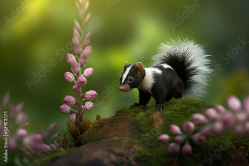 black and white skunk in nature with lavenders photo