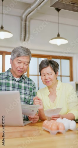 Asian elderly couple look bills