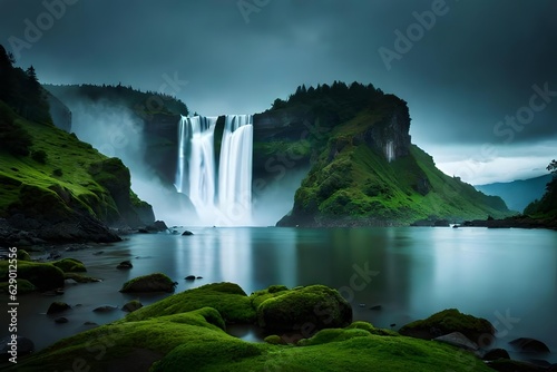 A imperial waterfall surrounded by alcoholic greenery and obscure   showcasing the baron and beauty of nature. Creative resource  AI Generated