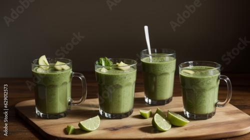 looking looking glass jolt permit with green health smoothie , Michigan leaf , birdlime , apple , New Zealander , grapeshot , banana , avocado , lettuce. Creative resource, AI Generated