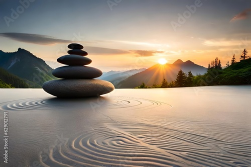 A placid Zen garden with carefully placed Rock , spine form , and a passive urine have. Creative resource, AI Generated photo
