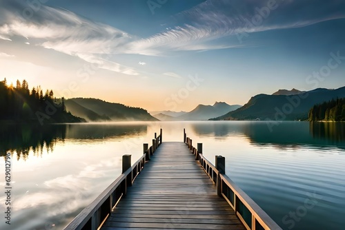 A serene lakeside setting with a wooden dock stretching out into steady body of water , surrounded by alcoholic greenery. Creative resource, AI Generated photo