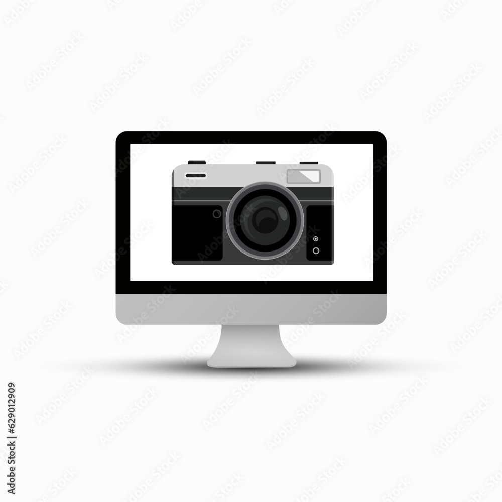 Retro film camera on computer screen isolated on white background Retro film camera on computer screen isolated on white background
