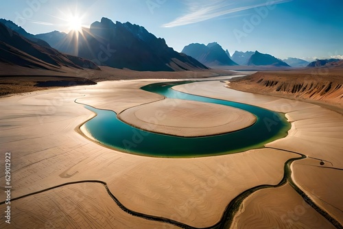 An aerial view of a scent river snake through a huge abandon landscape. Creative resource  AI Generated