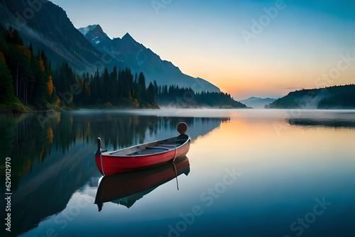 A calm dawn picture with a fogcovered lake and a lone dinghy drifting peacefully. Creative resource, AI Generated