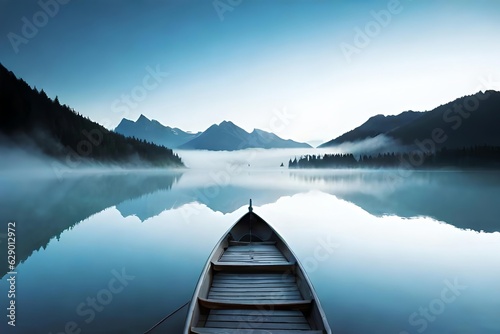 A sedate dawn movie with a fogcovered lake and a lone dinghy drifting peacefully. Creative resource, AI Generated photo