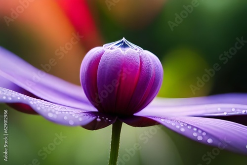 A closeup smash of a finespun dewdrop resting on the petal of a vibrant efflorescence. Creative resource, AI Generated photo