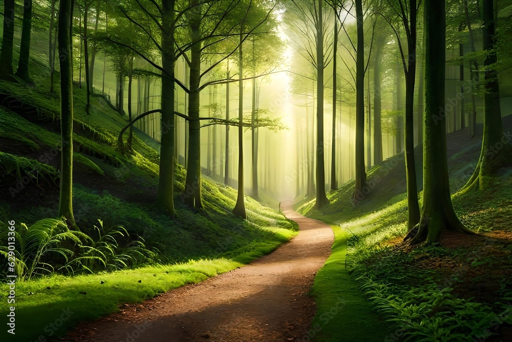 Fototapeta premium An enchanting afforest illuminated by glow of sunlight filtering through the dense canopy of tree. Creative resource, AI Generated