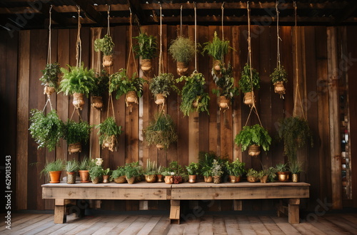Pflanzen in Behältern aufgehängt an einer Wand, moderne Raumgestaltung, 3, Ai generiert photo