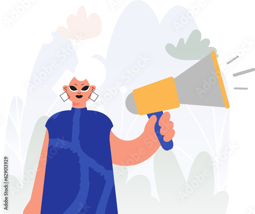 Engaging Voices in Activism, Excited lady with Bullhorn, Negate this thought Rally Subject. Trendy style, Vector Illustration