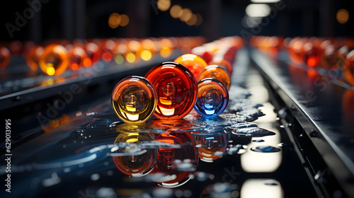 Orange and yellow, colorfull balls on top of some rock and water, background.
