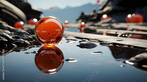 Orange and yellow, colorfull balls on top of some rock and water, background.