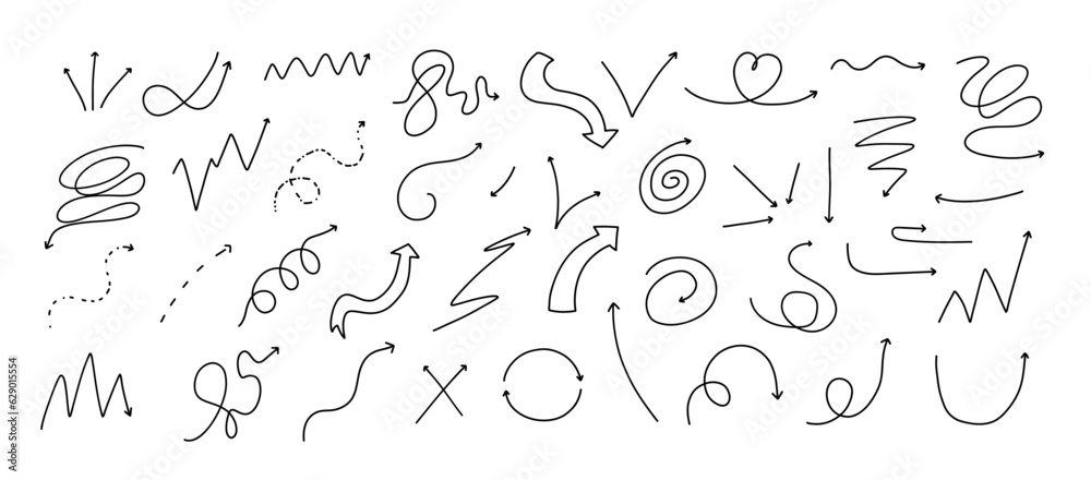 Fototapeta premium Black Doodle Outline Thin Simple Arrow Set