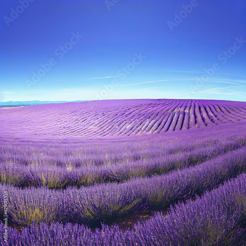 The symmetrical rows of lavender create a mesmerizing pattern in the fields