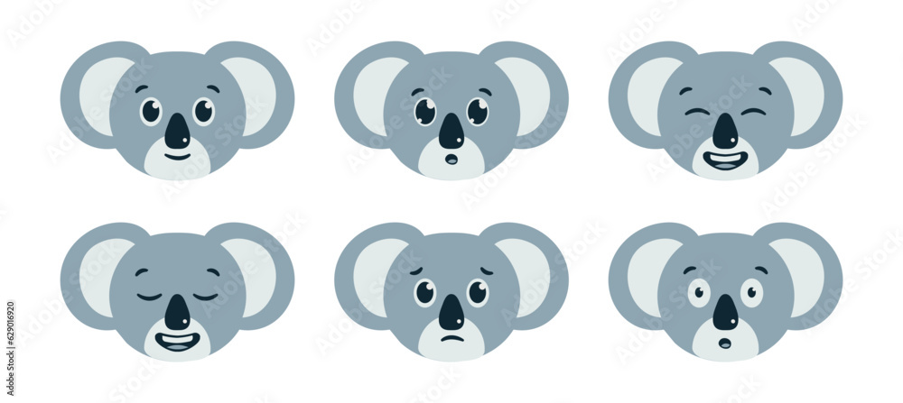Fototapeta premium Set of emotions of a cute Koala. Australian bear muzzle avatar. Head of smiling and surprised animal. Sad and relaxed face. Laughter. Portrait Character for the zoo. Vector illustration.