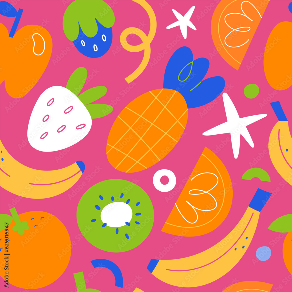 Tropical fruit print, banana and strawberry background, kiwi, strawberry, orange fruit, abstract shape illustrations, repeat seamless pattern