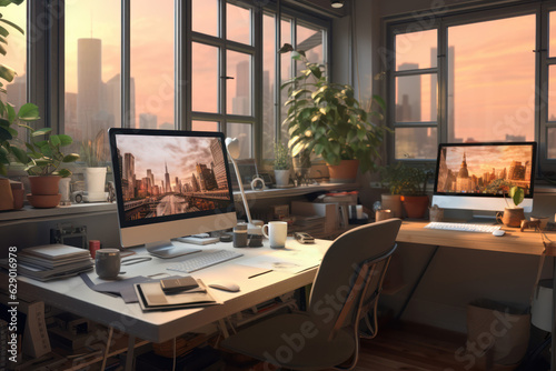 Working from Home in Comfort A Cozy, Organized Office Setup Featuring Dual Monitors, Coffee Cups, and Sundown Natural Lighting
