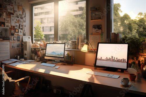 A Home Office Lit in Golden Hour Light Overlooking an Urban Scene At the End of a Productive Day Freelancing or Working Remotely © Gejsi