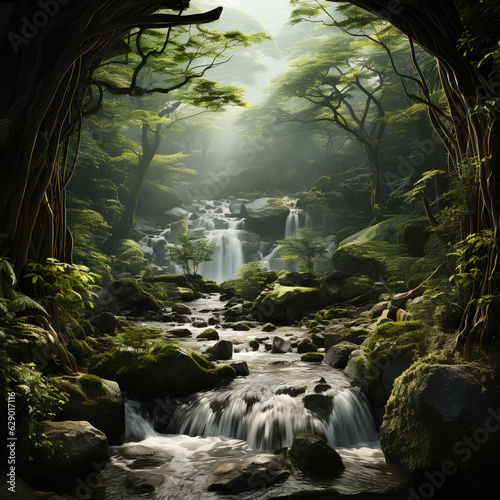 Forest landscape with flowing water and waterfall, Created with generative artificial intelligence