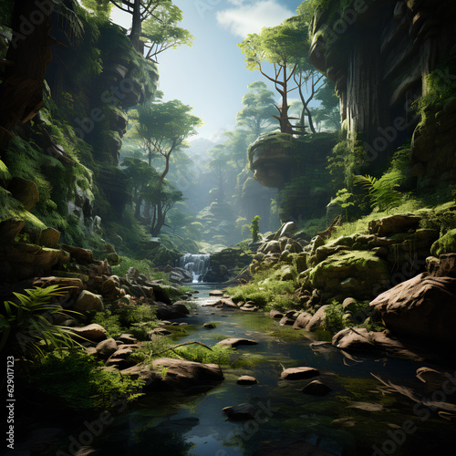 Forest landscape with flowing water and waterfall  Created with generative artificial intelligence