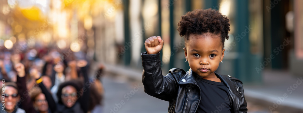 © OpticalDesign - Black baby, kid with fist raised, black history month concept, african american girl, copyspace, blank space for text, inclusivity and diversity, protest