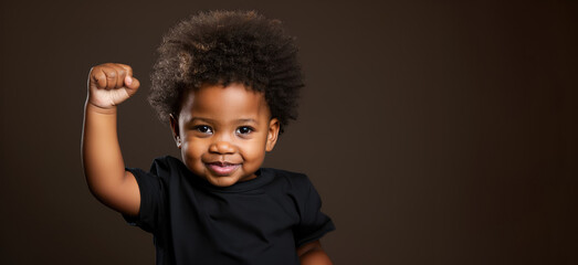 Black baby, kid with fist raised, black history month concept, african american boy, copyspace, blank space for text, inclusivity and diversity, protest