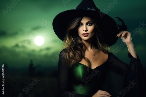 Beautiful fashionable witch with green skin in black hat and dress on background of full moon. Halloween theme